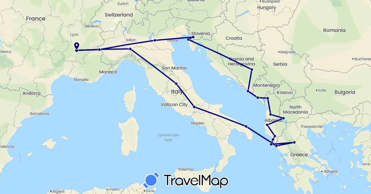 TravelMap itinerary: driving in Albania, Bosnia and Herzegovina, France, Greece, Croatia, Italy, Montenegro, Macedonia (Europe)